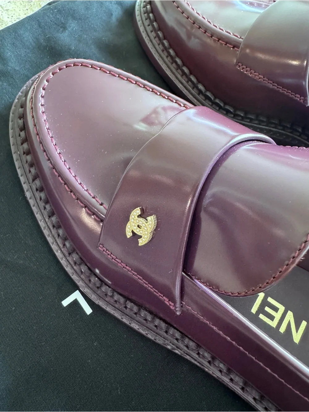 NEW CHANEL Patent Leather Loafers with Gold CC Accent